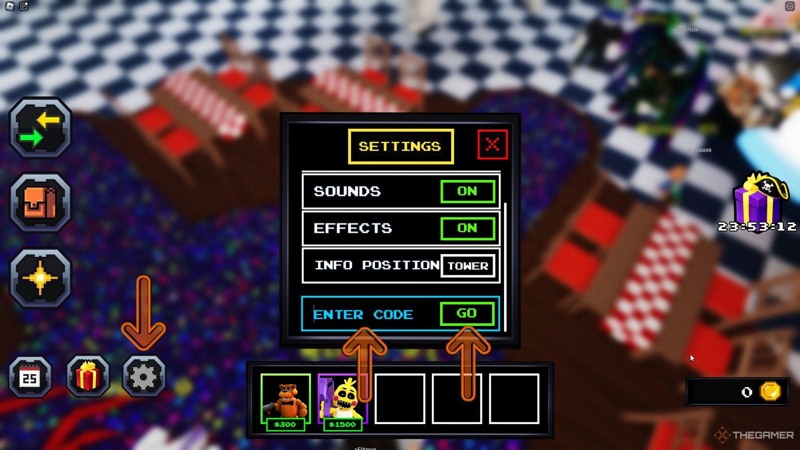 the codes field in the settings menu in Five Nights TD on Roblox