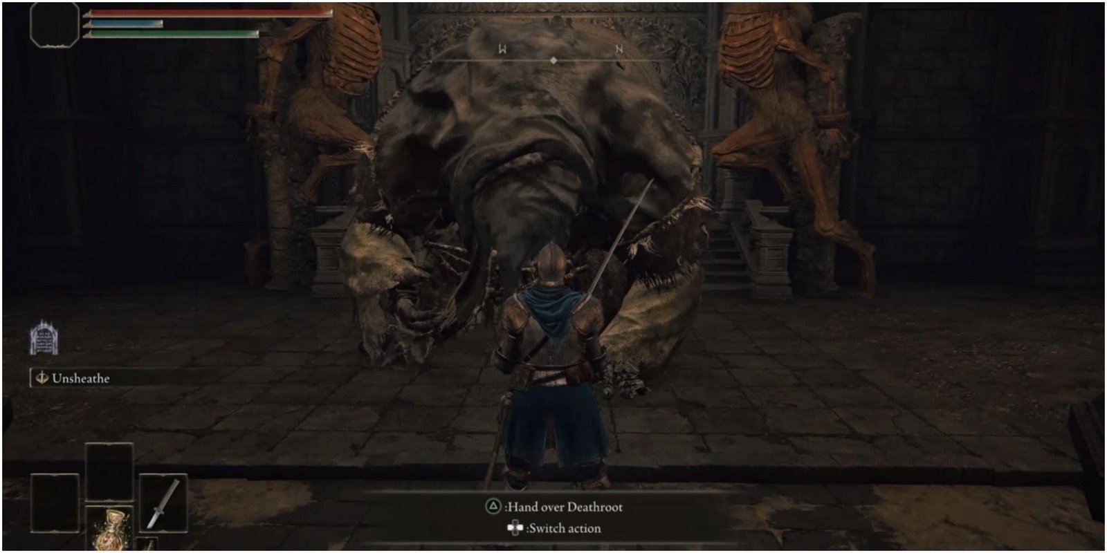 Tarnished handing over Deathroot to Gurranq a beast clergyman wrapped in rags in temple