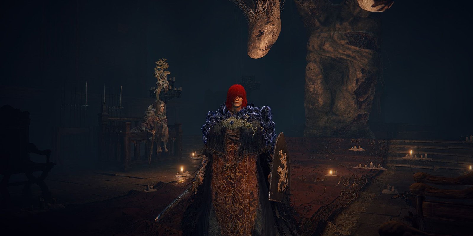 Screenshot of Enia and the Two Fingers within Roundtable Hold in Elden Ring