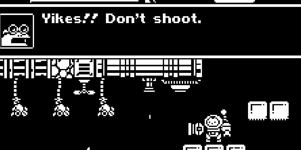 Gato Roboto, frog character telling player not to shoot
