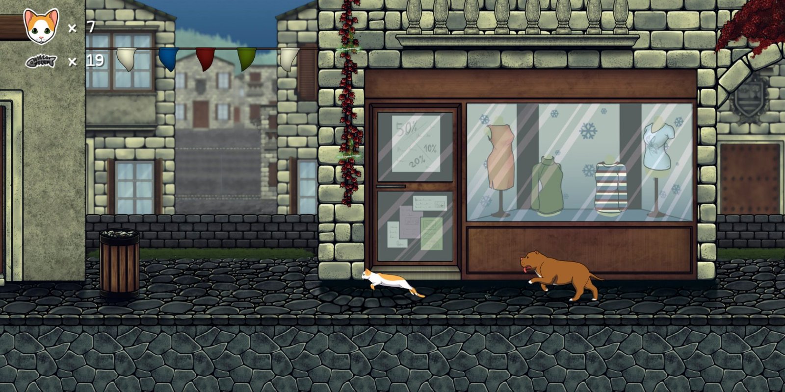The Purring Quest, white and orange cat passing a store with a dog