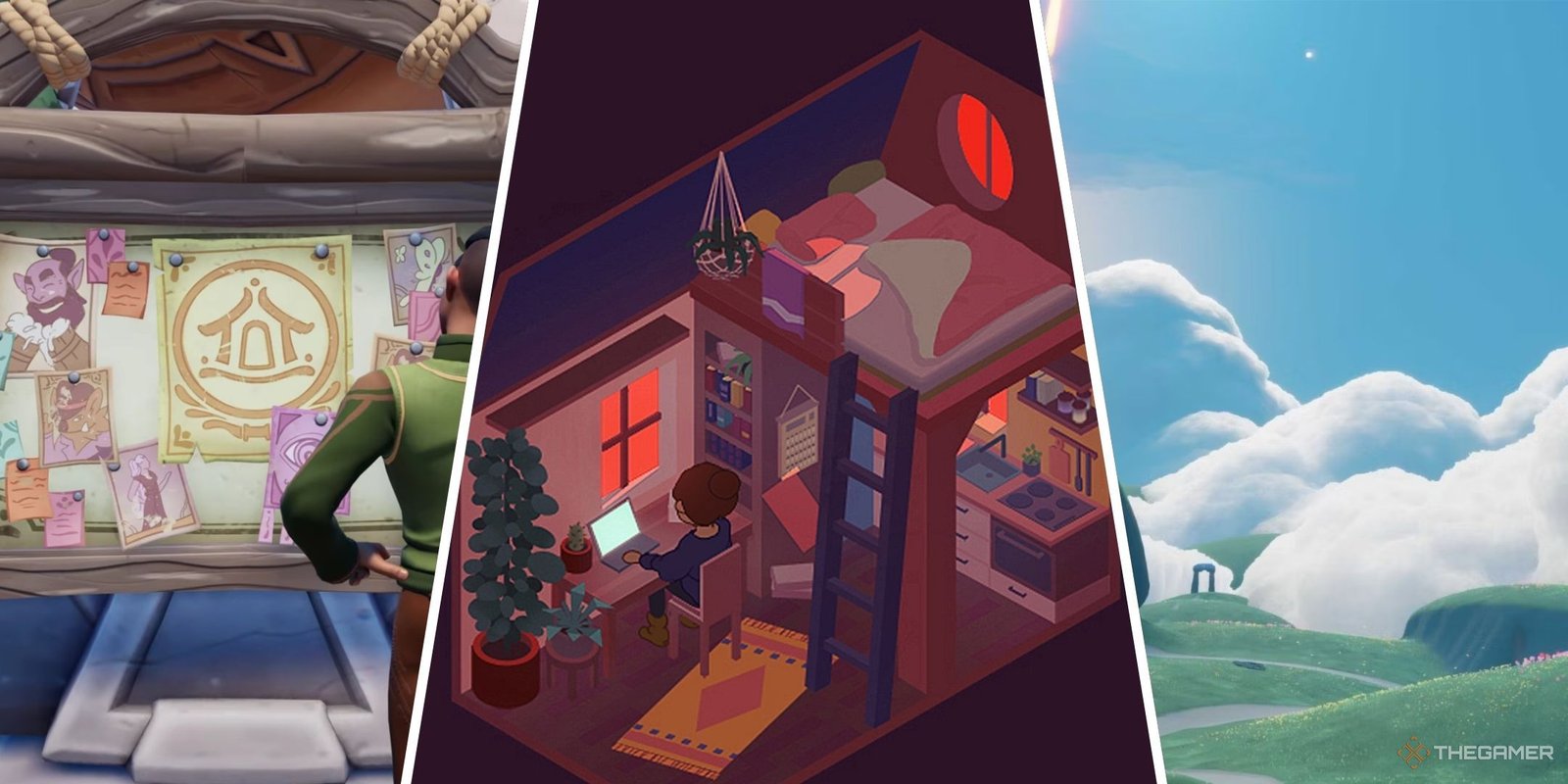 A collage showing three different cozy video games.