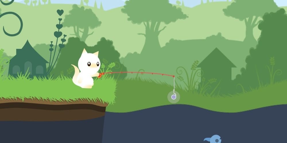 Cat Goes Fishing, white cat fishing in a forest
