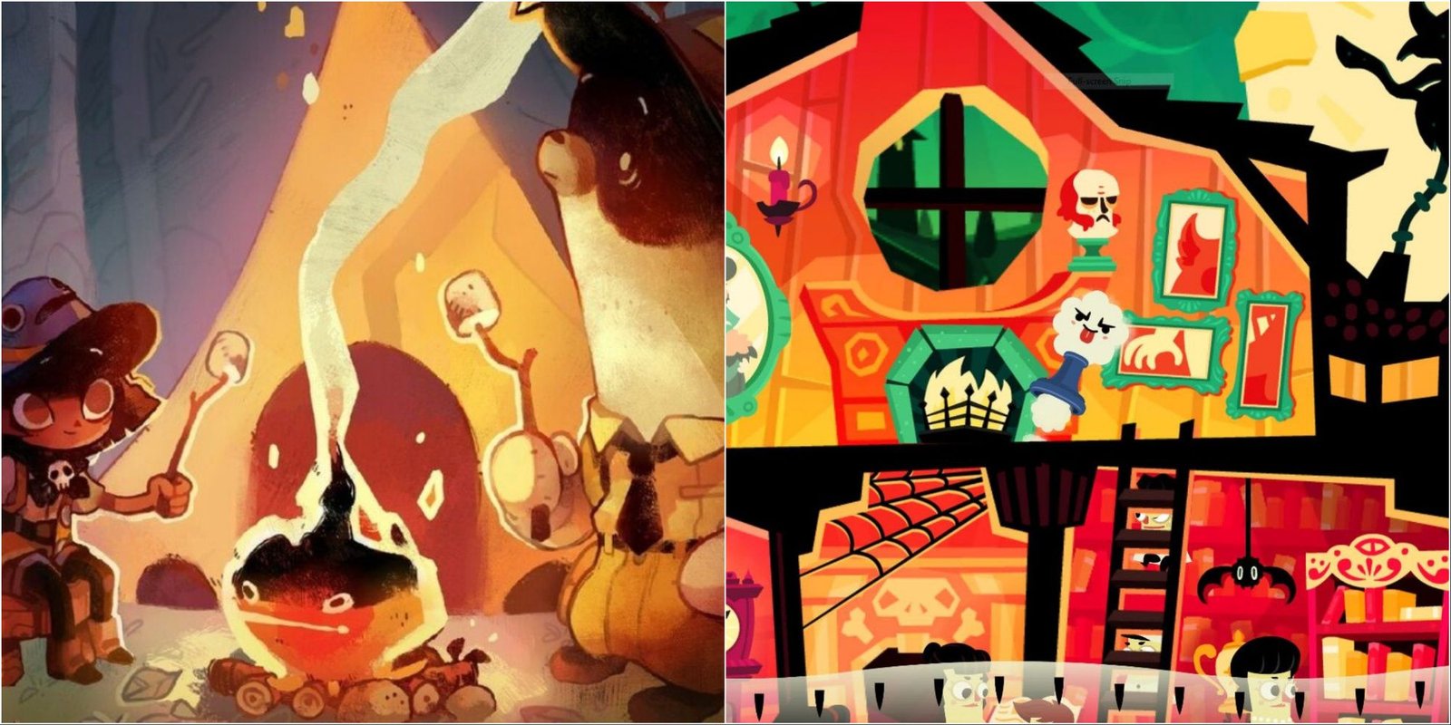 Left: Promotional art for Cozy Grove. Right: Screenshot from Haunt the House: Terrortown