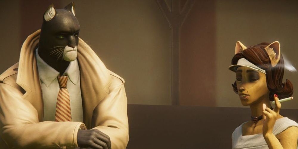 Blacksad looking toward feline character smoking a cigarette