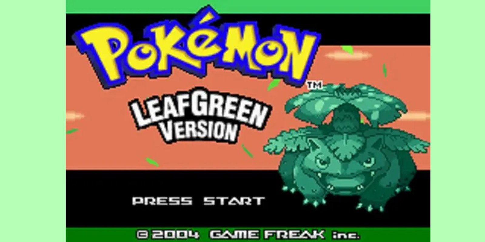 The title screen of Pokemon Leaf Green, romhacked to be Pokemon Garbage Green.