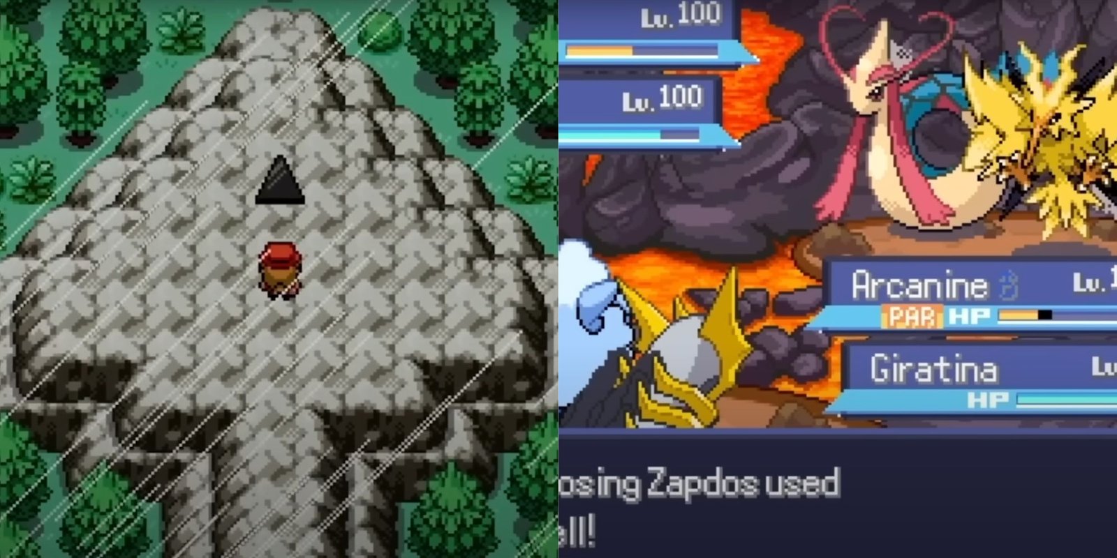 A split image of a mountain surrounded by a lush forest during a rainstorm, and four pokemon in battle. From the fangame Pokemon Daybreak.