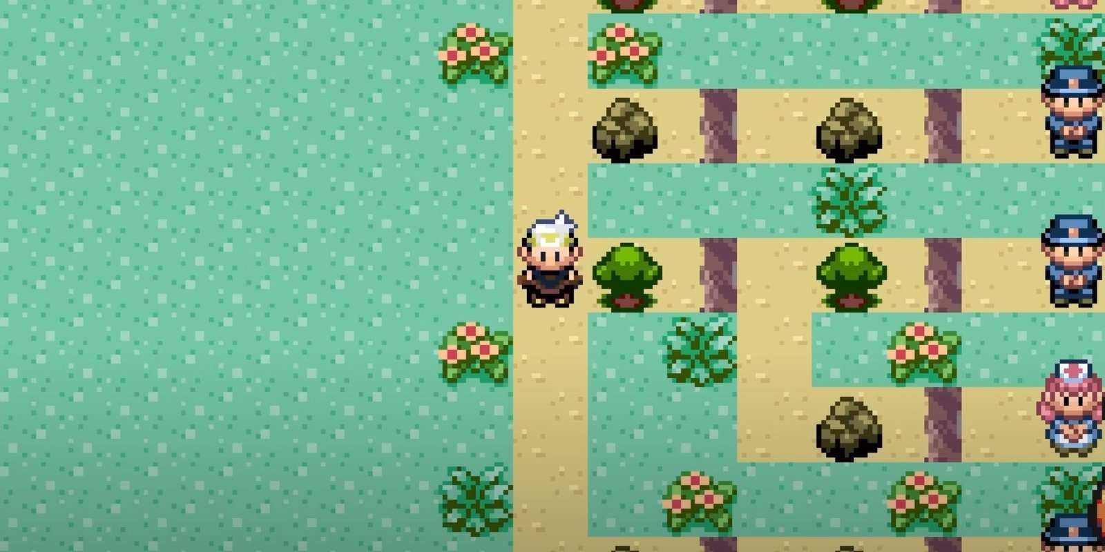 A roguelike style world map with branching sandy pathways surrounded by grass and foliage. From the romhack Pokemon Emerald Rogue.