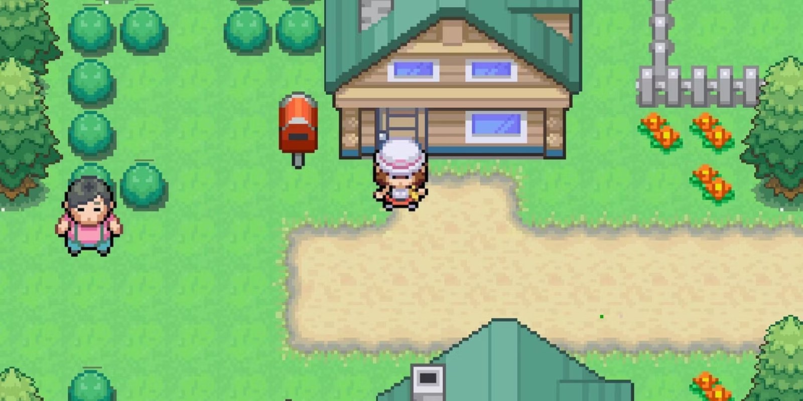 A trainer stands outside a house in the fangame Pokemon Godra.