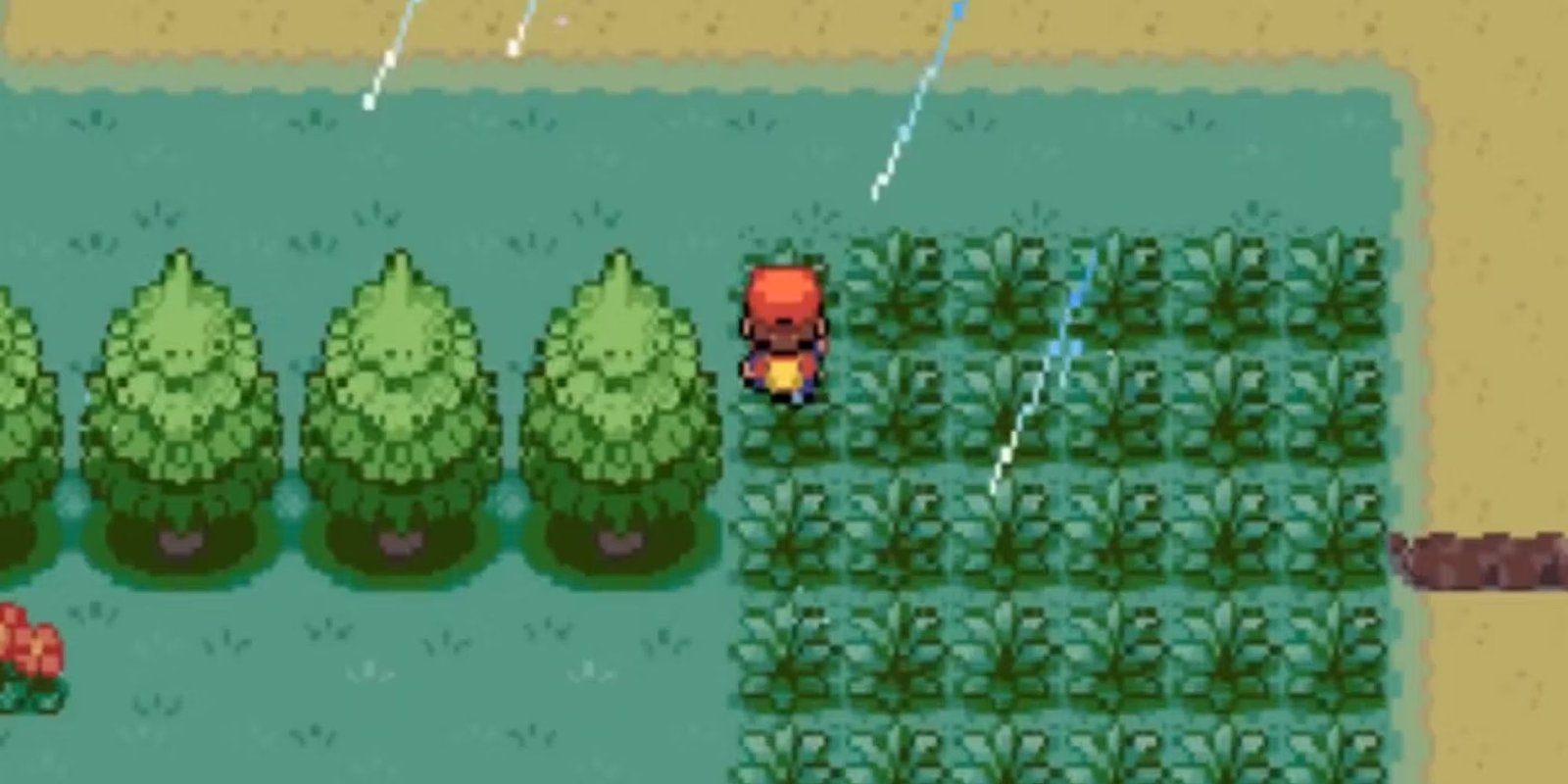A trainer runs through the grass in Pokemon Creepy Black, a romhack.