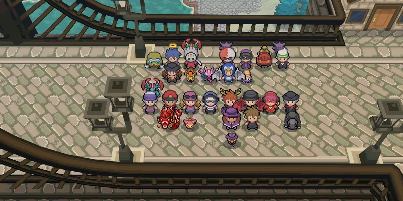 A group of trainers stand gathered in the romhack PokeMMO.