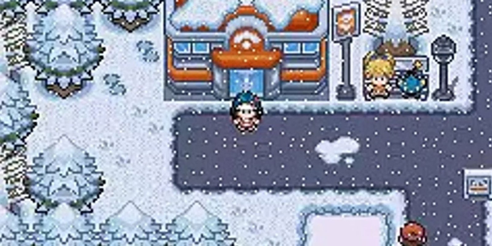 A trainer stands outside a Pokemon Center in romhack Pokemon Light Platinum.