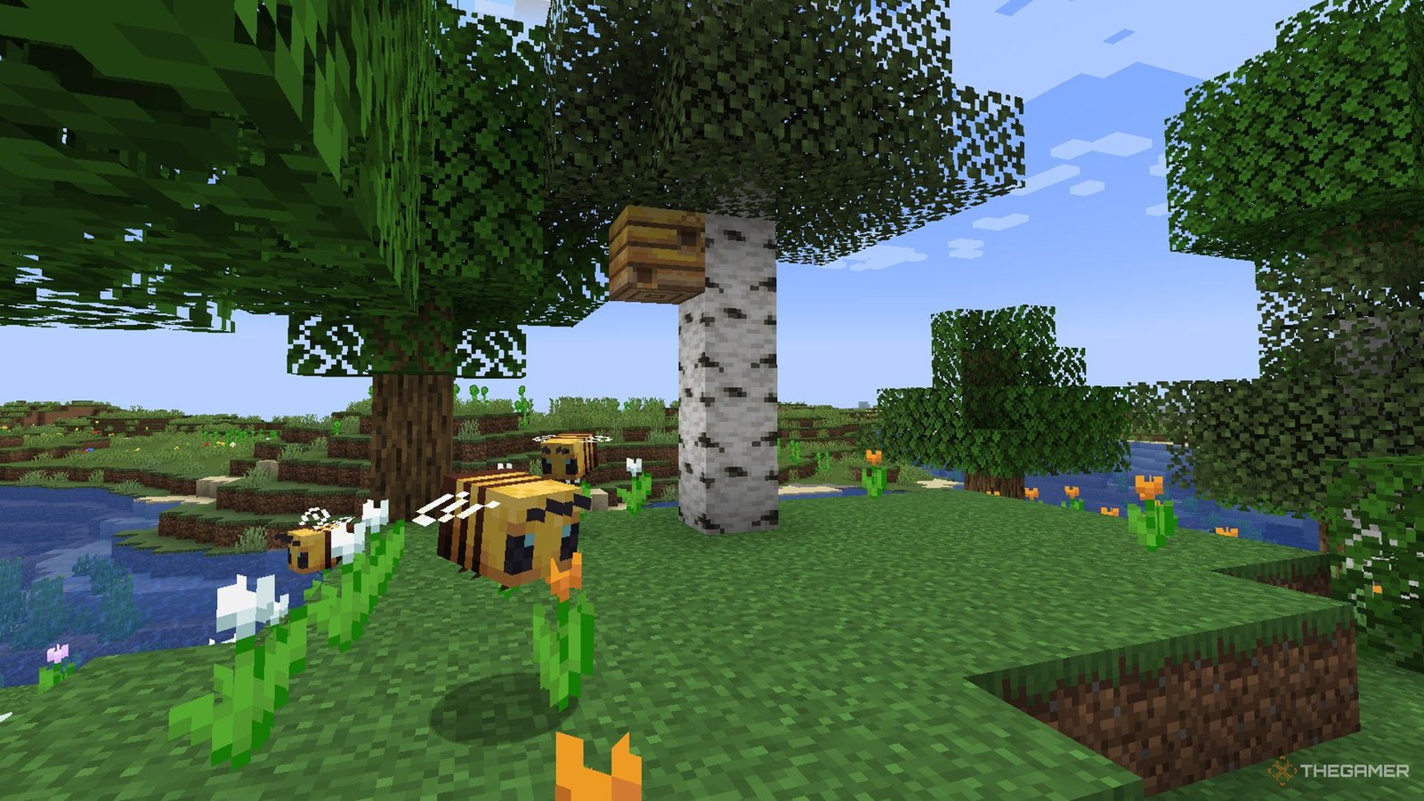 A Minecraft Bee Nest with bees flying around flowers.