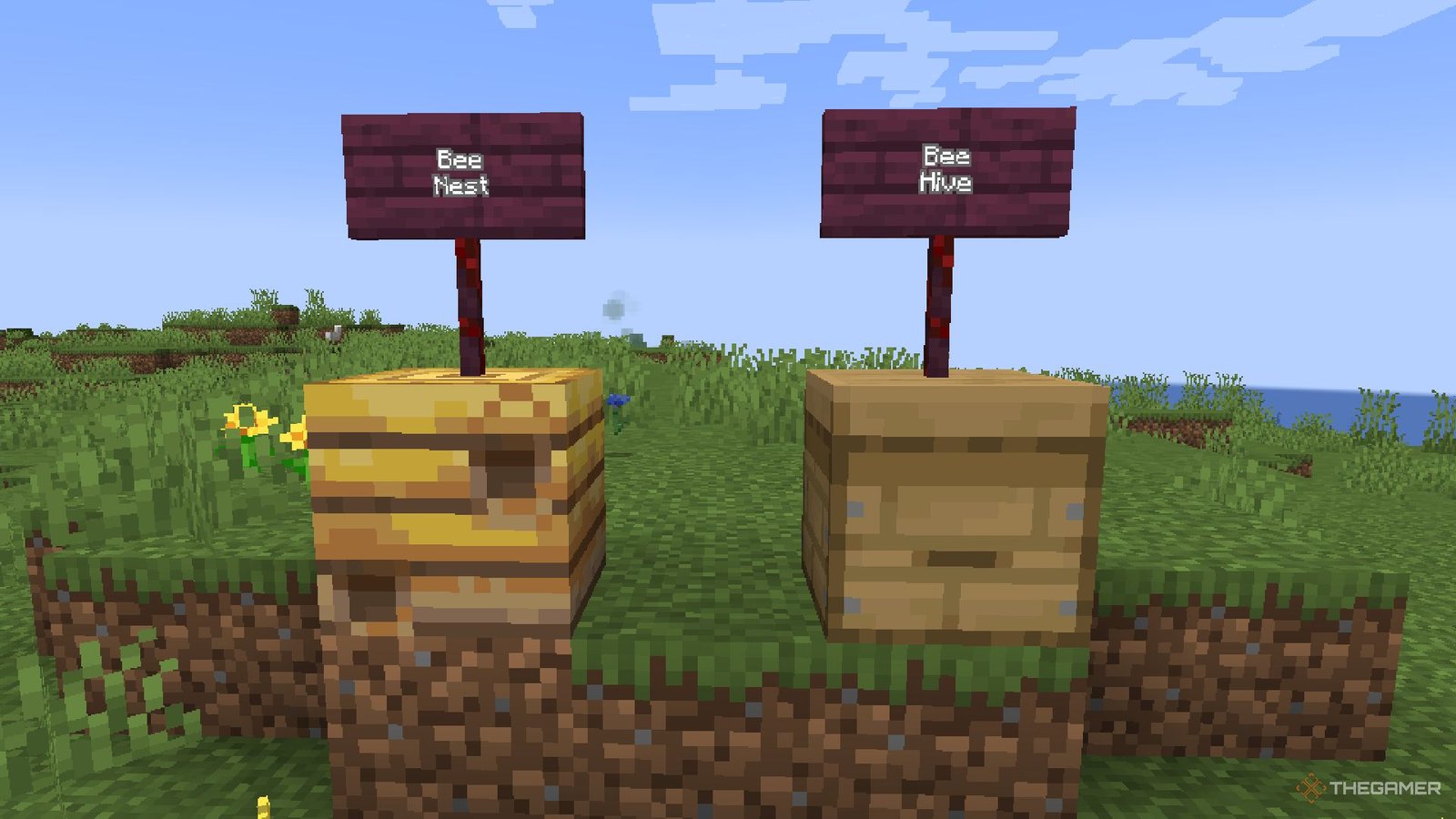 A Minecrat bee hive and bee nest next to each other on grass.