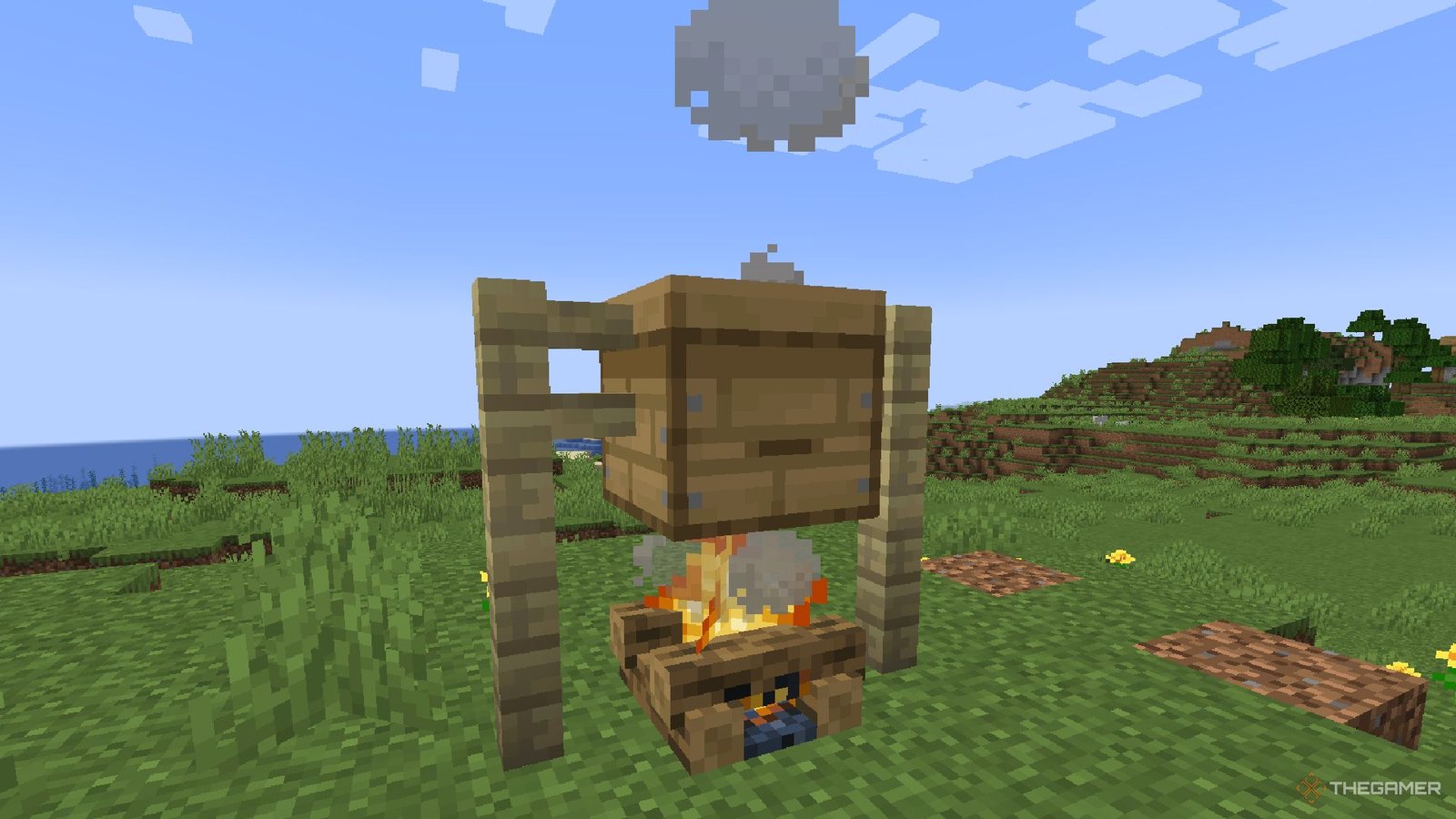A Minecraft bee hive over a campfire.