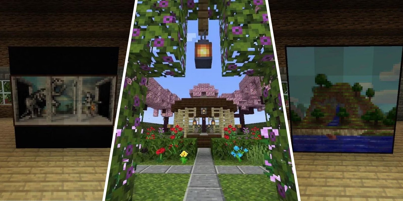 A decorated garden in Minecraft, with the Passage painting on the left, and the Unpacked painting on the right.