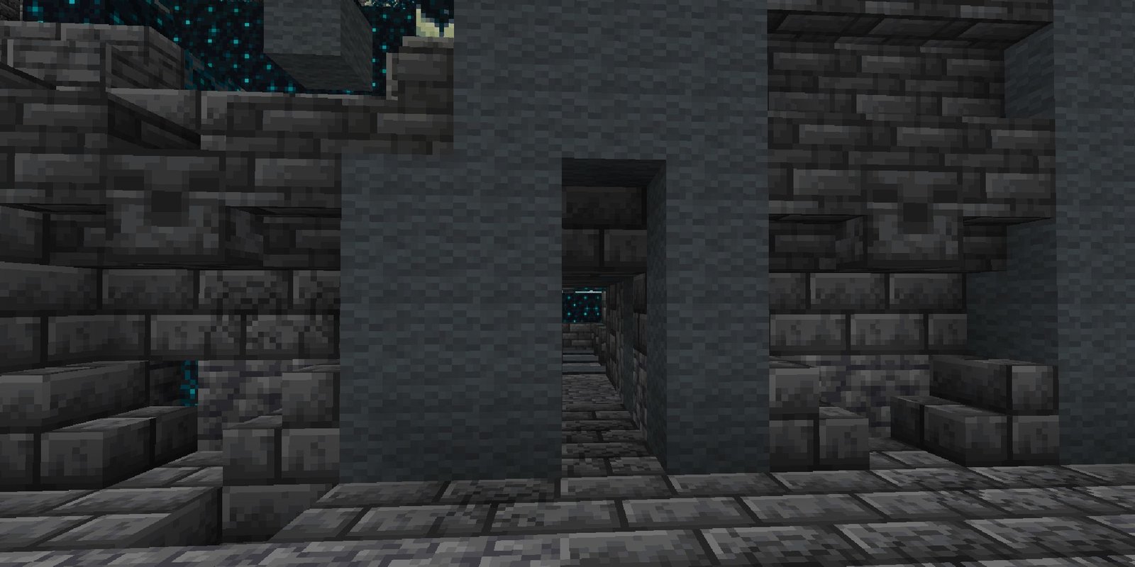 A Minecraft player tunnelling into the side of the redstone room in an Ancient City.