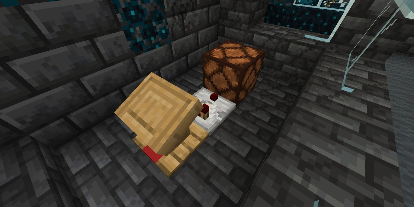A Minecraft lectern attached to redstone. 