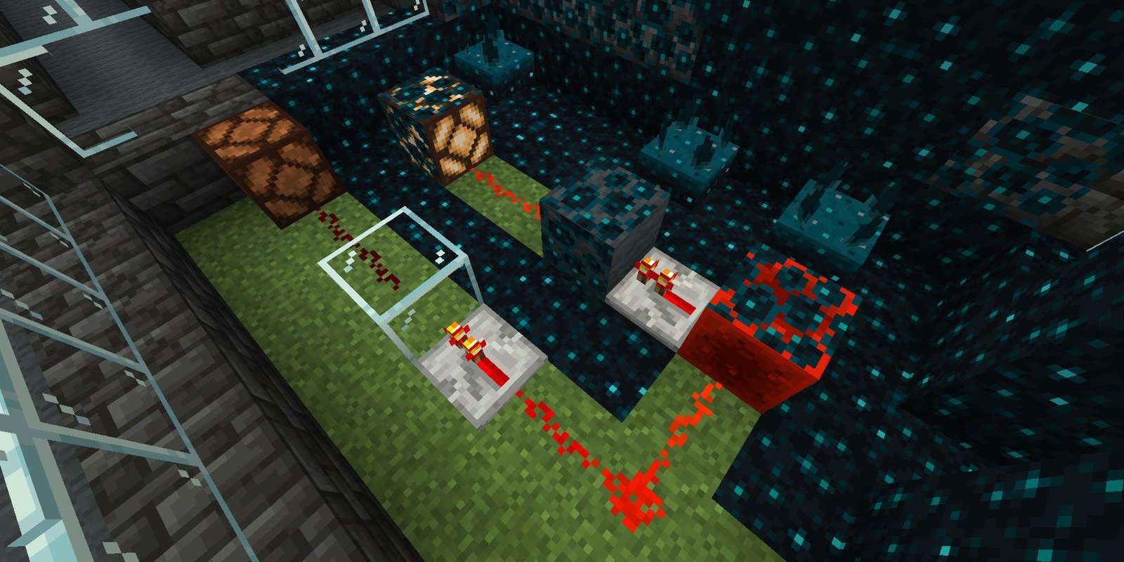 A player looking at a redstone mechanism from above.