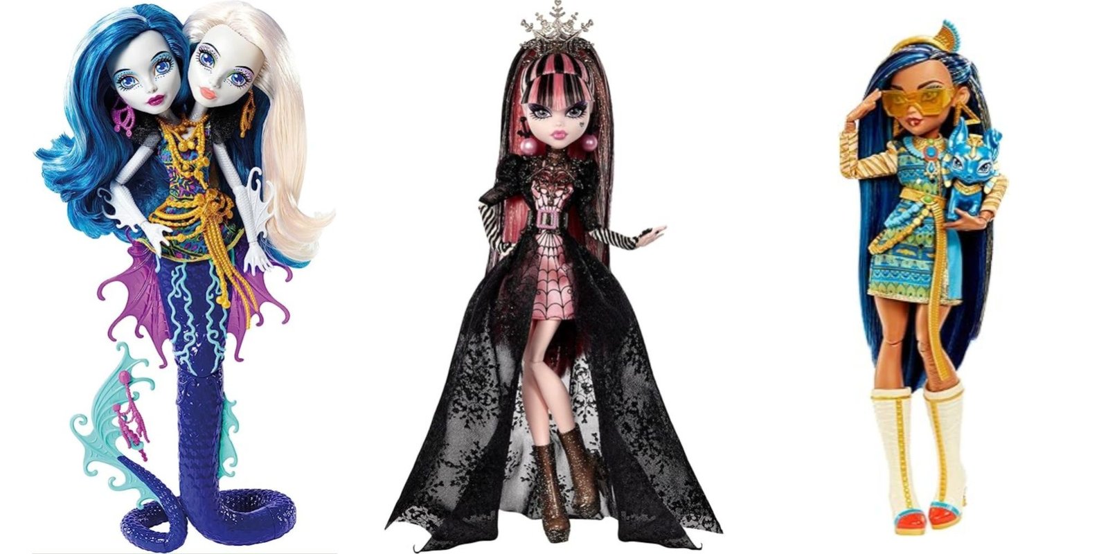 Draculara, Chloe De Nile and Serpentine Monster High Dolls side by side