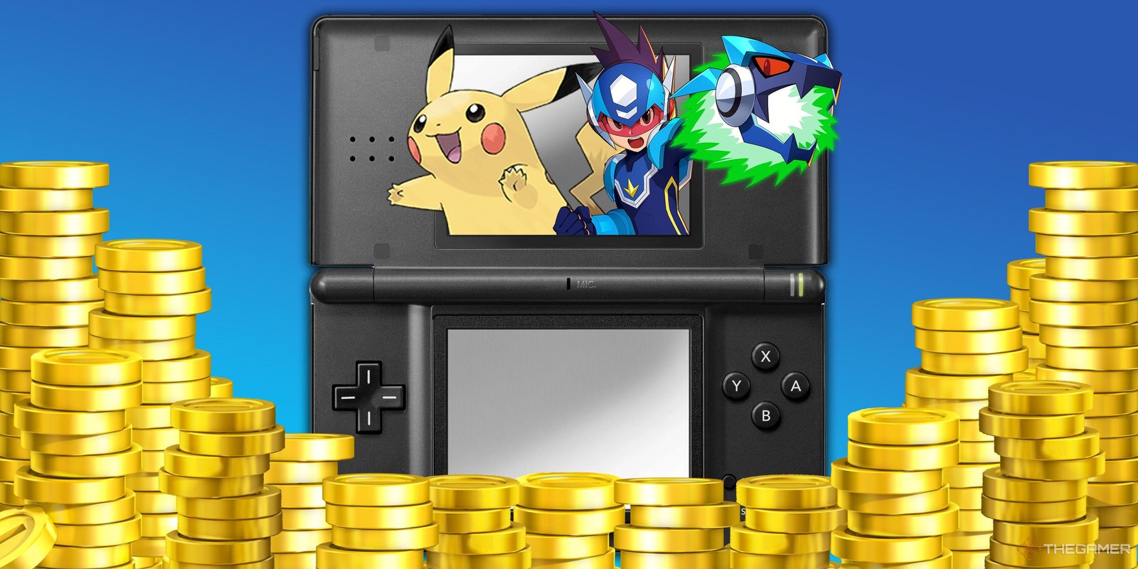 Pikachu and Mega Man emerging from a DS surrounding by coins