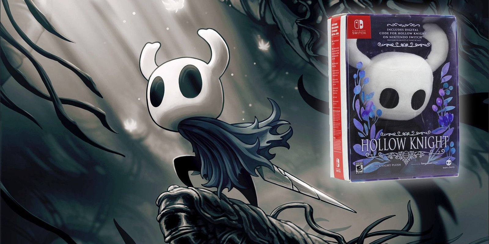 The Knight next to a plushie of himself in Hollow Knight.