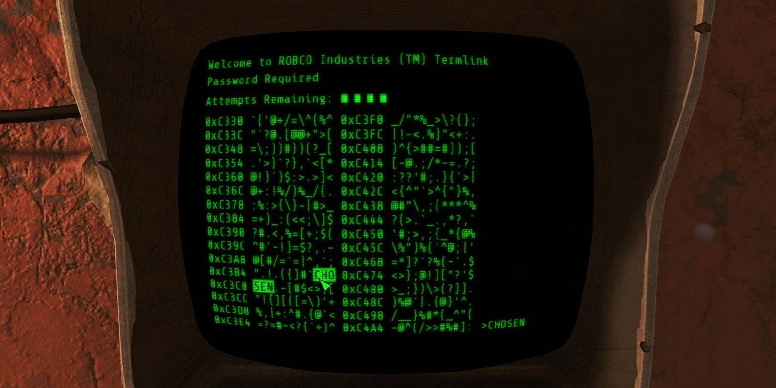 The player hacks a terminal nestled in a brick wall in Fallout 4