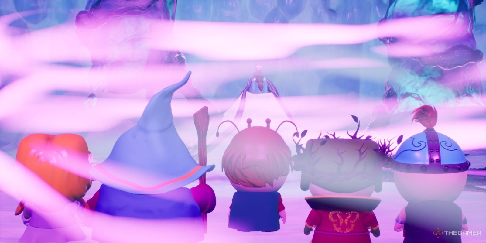 New Kid and the rest of the group with their backs to the camera looking up at Mr. Hankey as a swirling cloud of pink engulfs them.