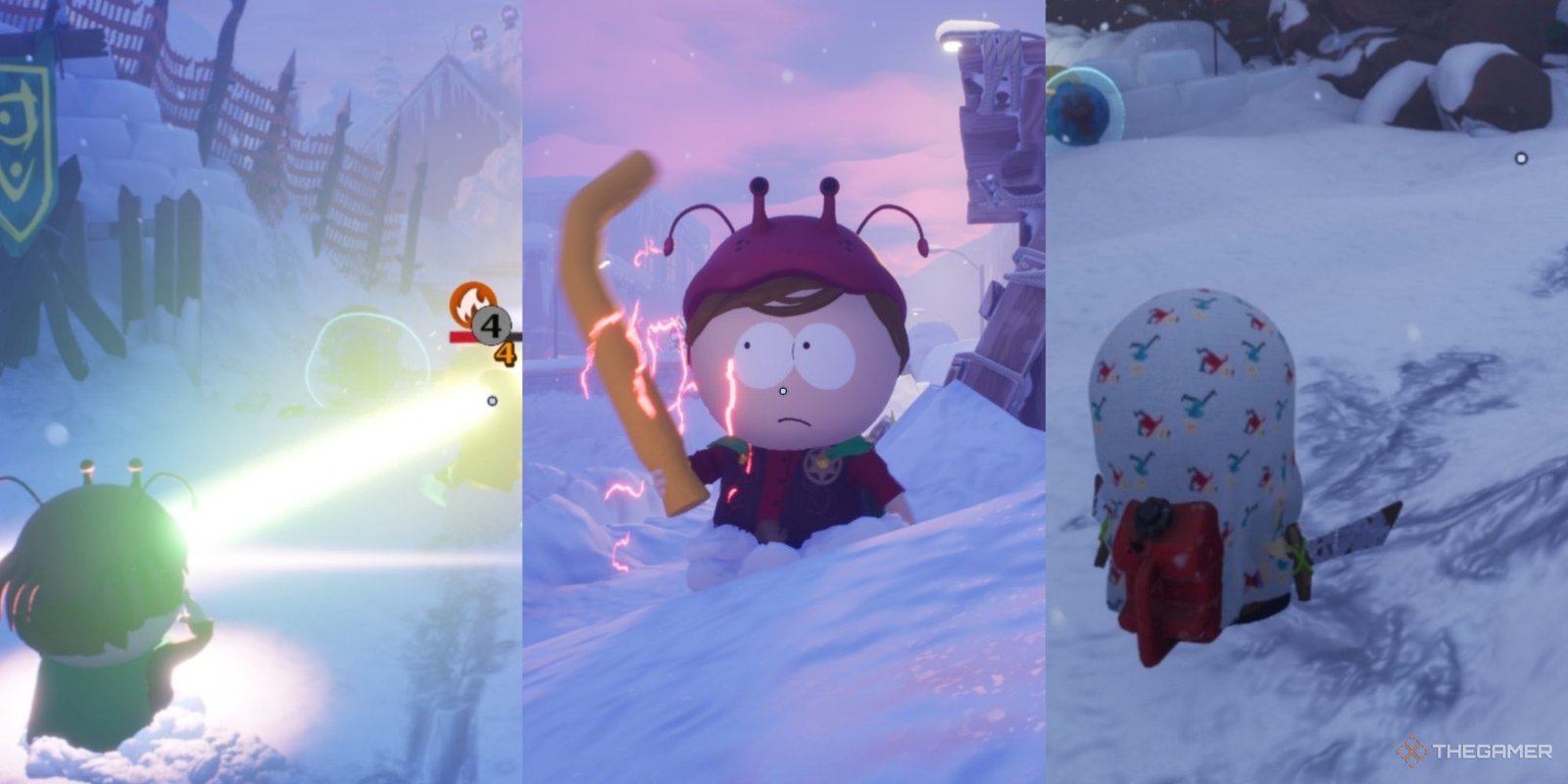 Three-image collage of New Kid using Laser Eyes, New Kid's dagger turned into a noodle, and New Kid invisible draped in a blanket.