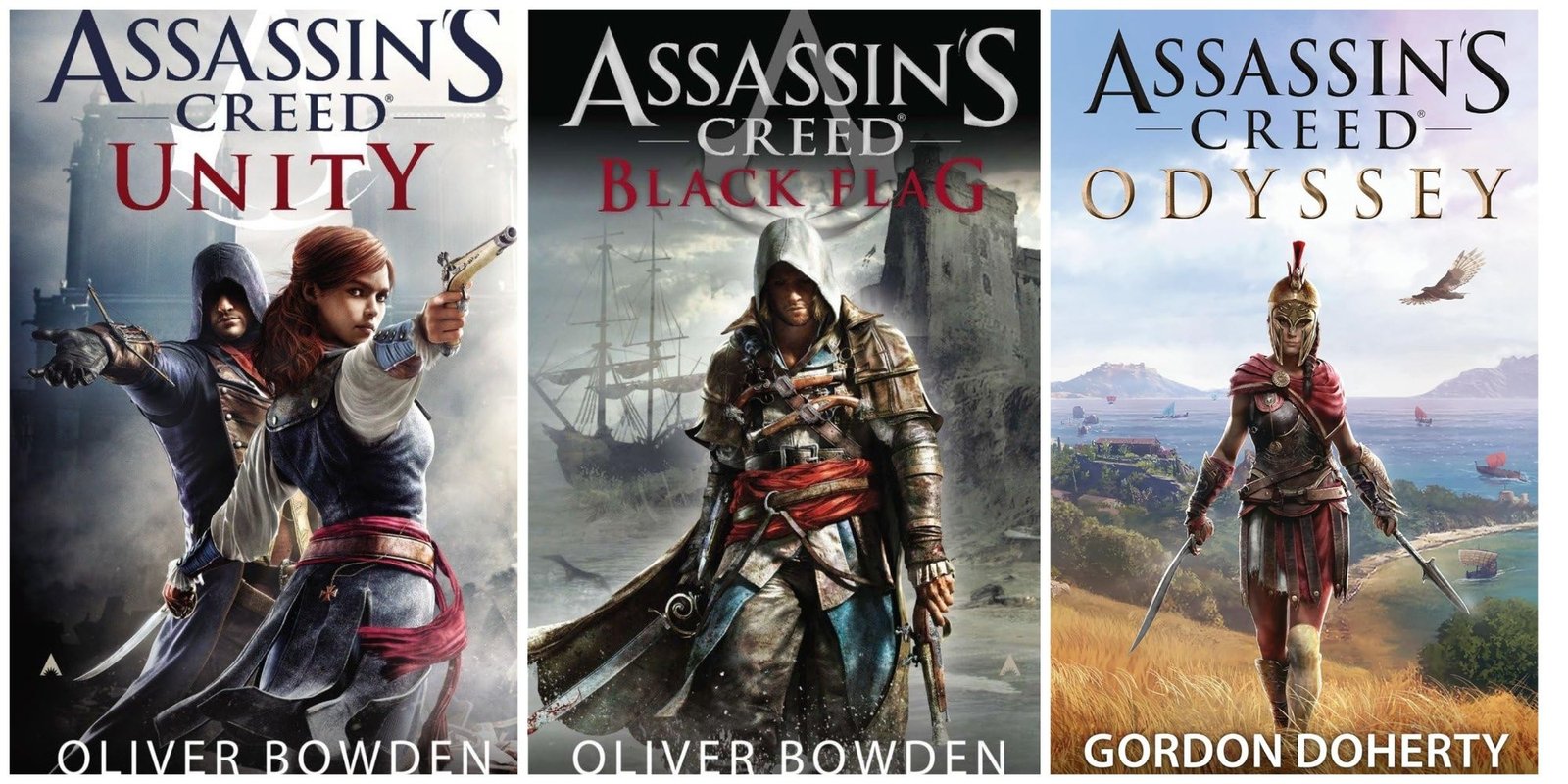 Three Assassin's Creed novels: Unity, Black Flag, and Odyssey, arranged in a row.