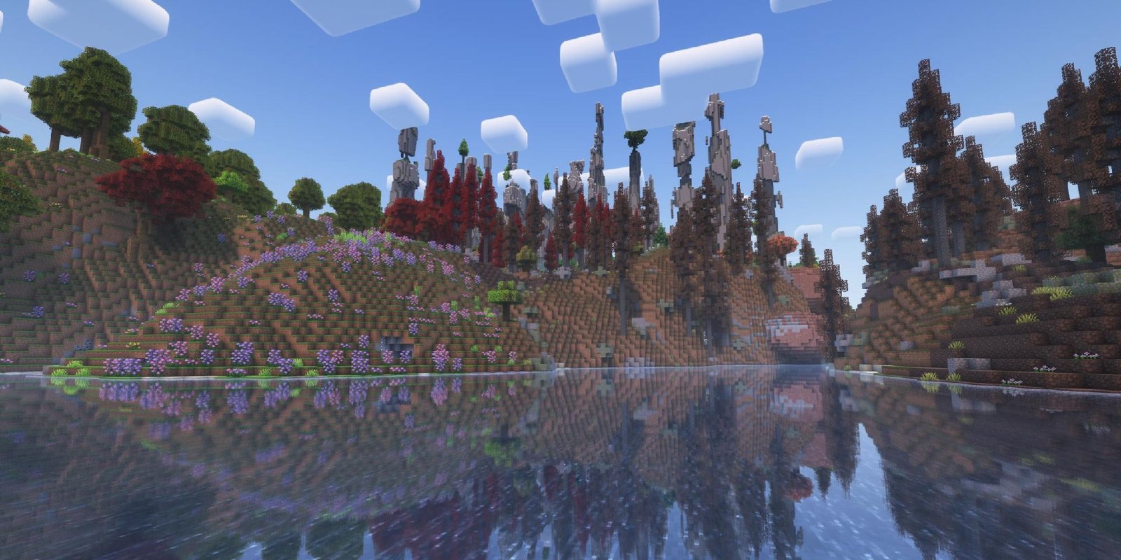 minecraft all the mods screenshot showing reflective water with structures on other shore