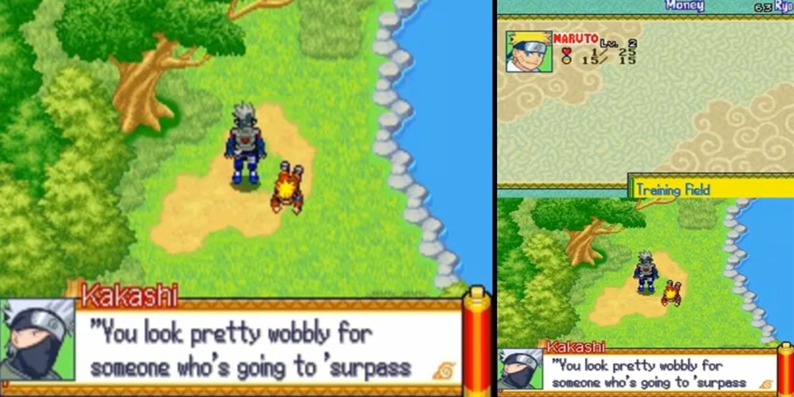 Kakashi mocking Naruto, who's laying on the floor.