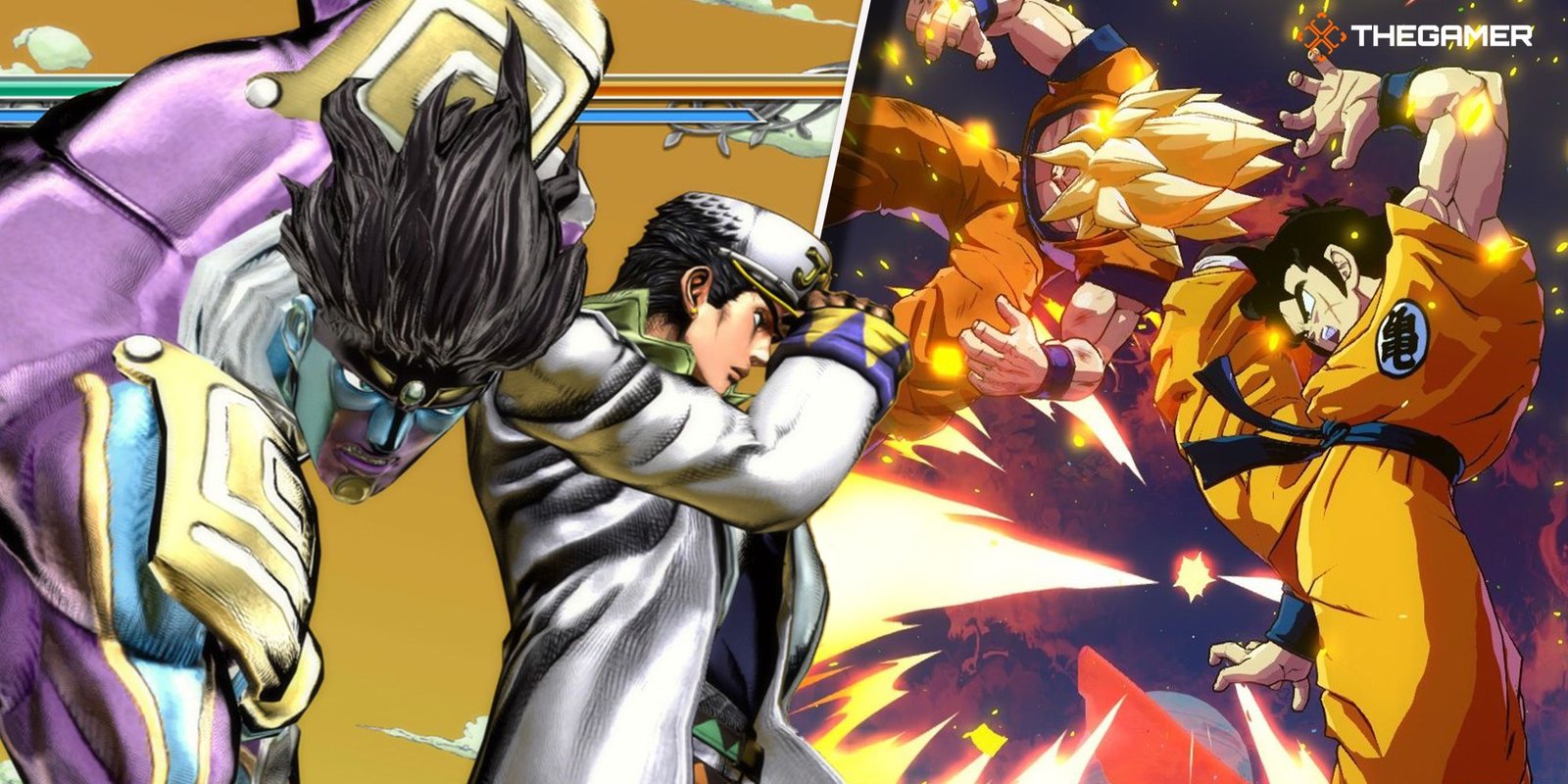 Left Panel, Jotaro stands beside his stand, Star Platinum, in JoJo's Bizarre Adventure All-Star Battle R. Panel 2: Yamcha launches Goku in the air during a battle in Dragon Ball FighterZ. 