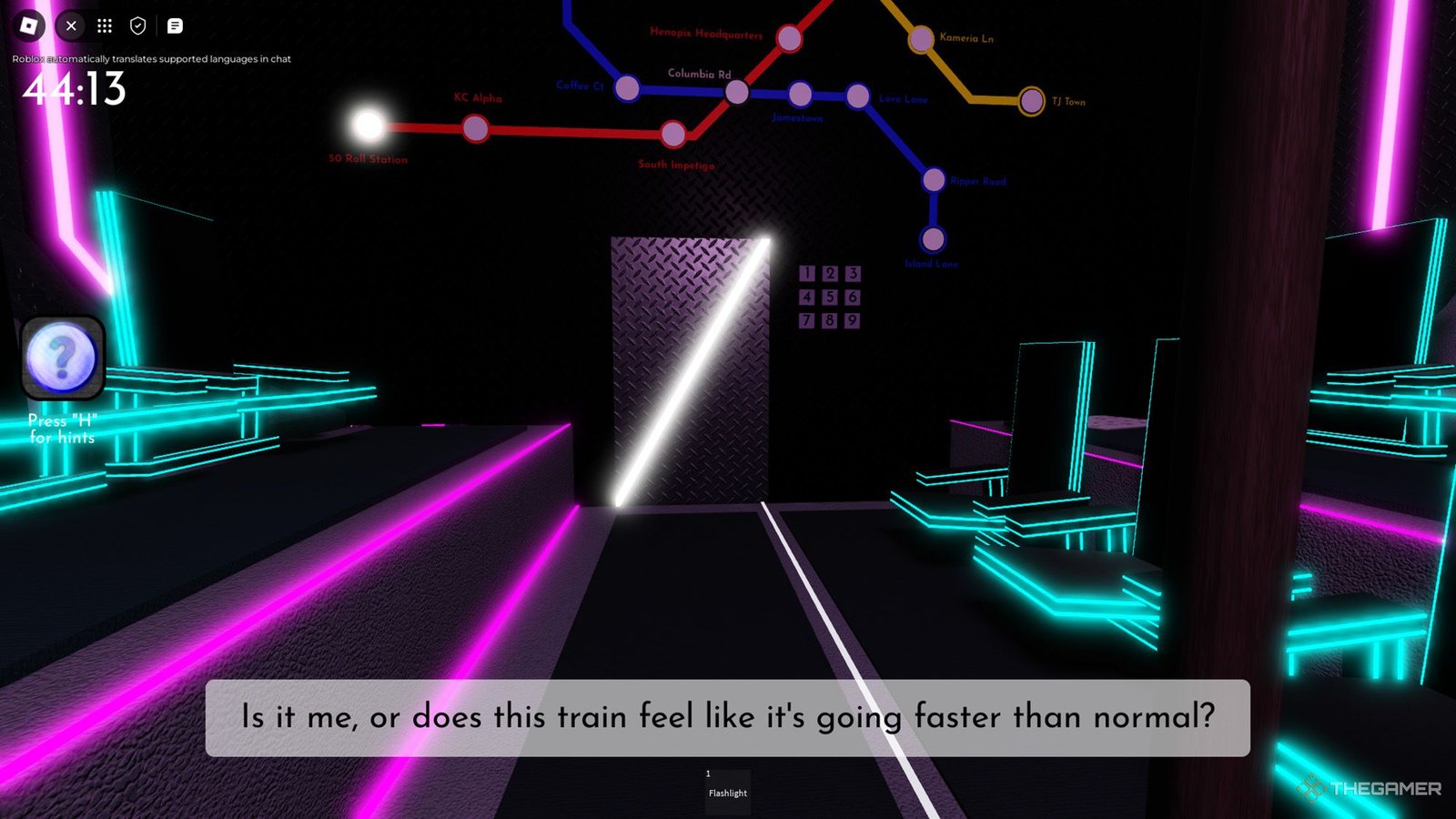  The player is standing in front of the metal door and the numpad in the first carriage in Roblox Terminal Espace Room
