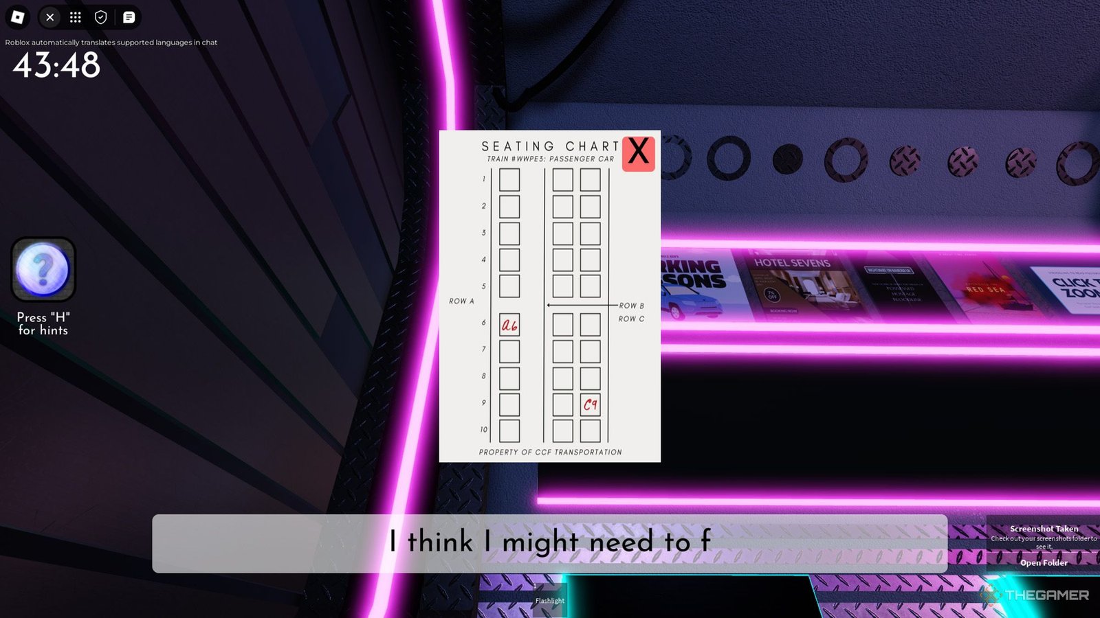 Player checks the seating chart of this carriage in Roblox Terminal Escape Room