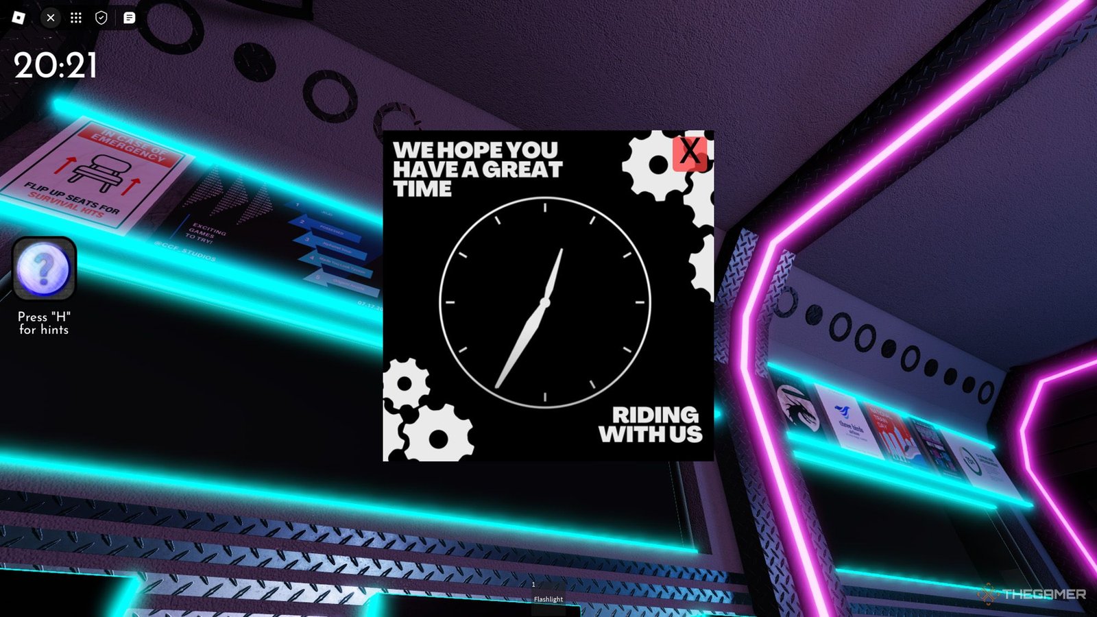Player checks an ad about clock and gears in Roblox Terminal Escape Room