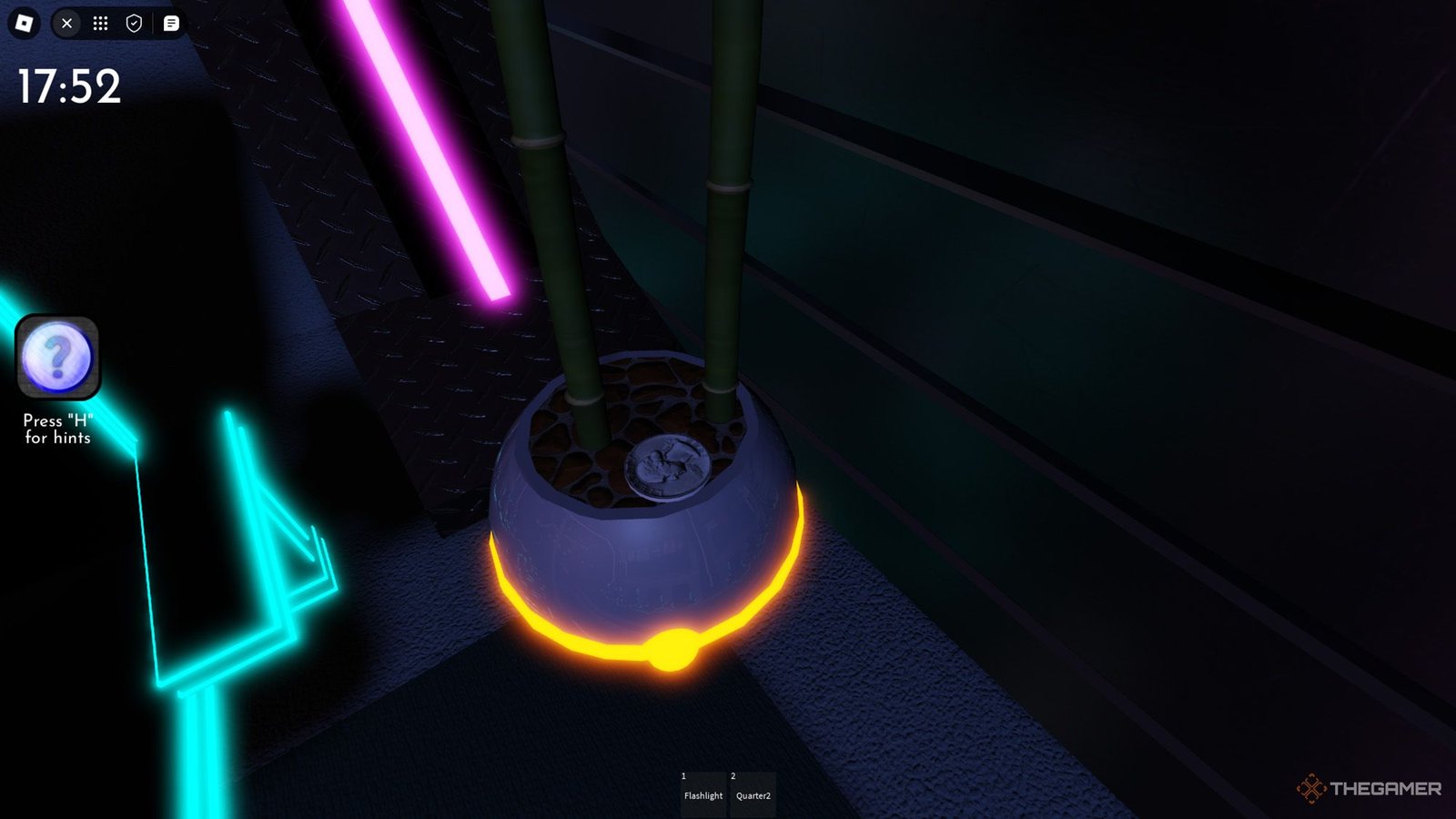 Player finds a quarter on a bamboo pot in Roblox Terminal Escape Room