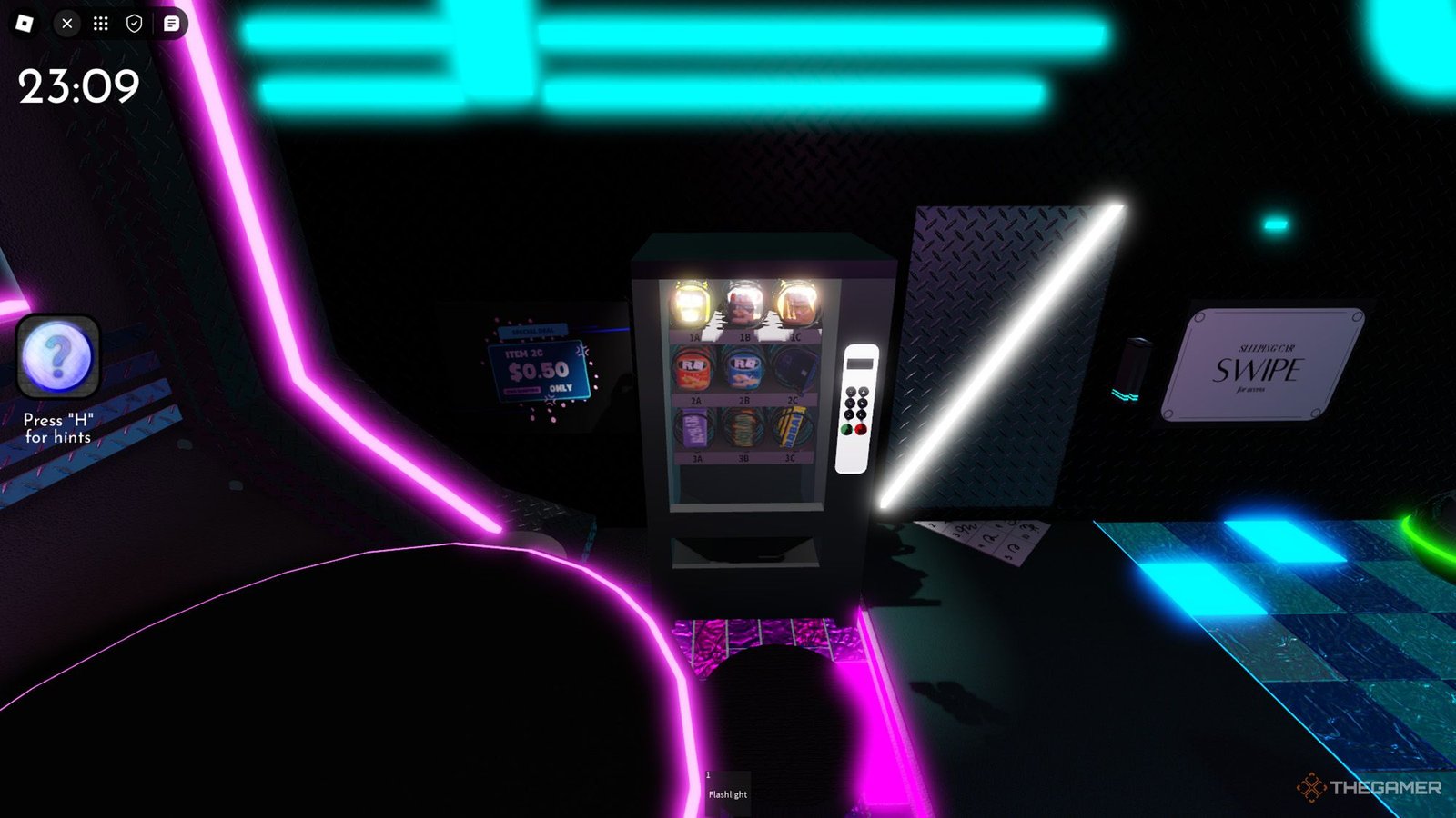 Player standing in front of a vending machine in Roblox Terminal Escape Room