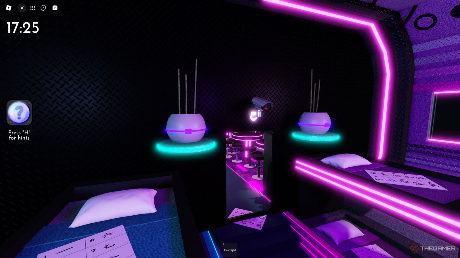 Player looks purple lined bamboo pots in Roblox Terminal Escape Room