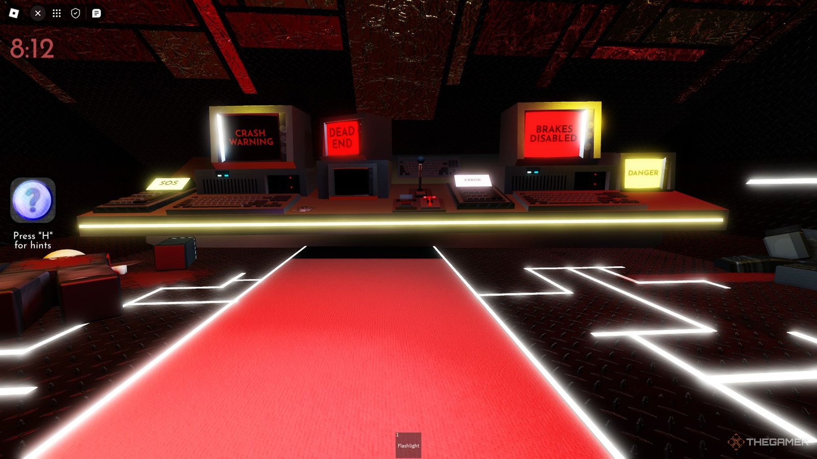 Player standing in front of a warning screens at cockpit room in Roblox Terminal Escape Room