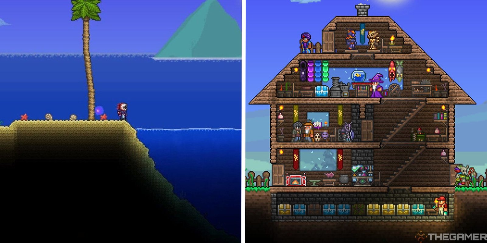 image of player at beach next to image of house with NPCs inside