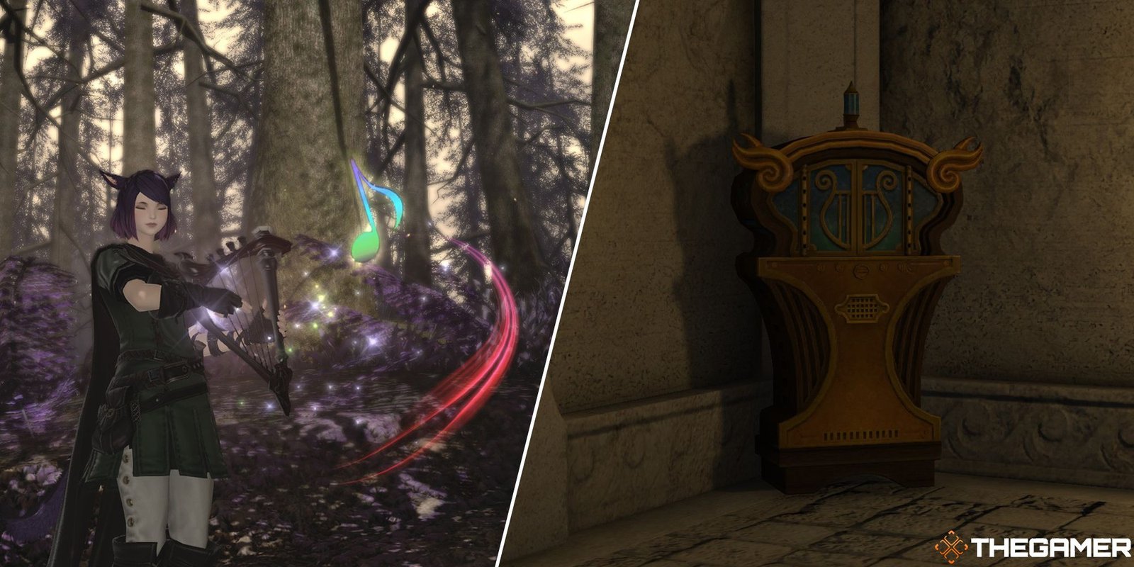 bard playing the harp in the forest and orchestrion inn split image