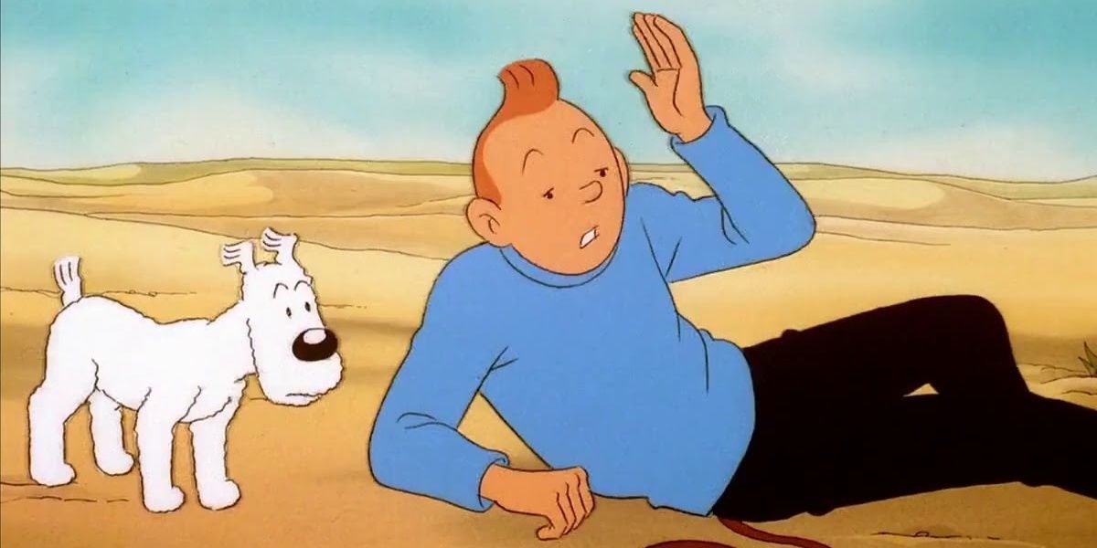 Tin Tin and dog in the desert 