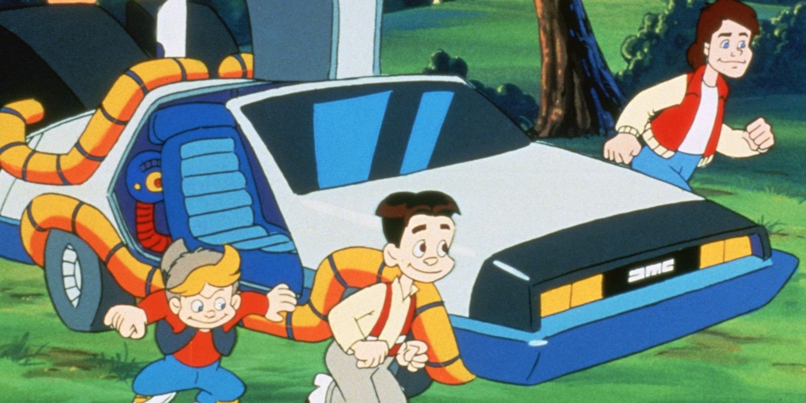 Marty and kids run from the Delorean