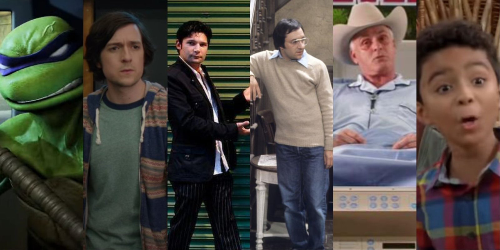 A five-image collage of Donatello, Big Head in Silicon Valley, Corey Feldman in The Two Coreys, a younger Barry Gordon in a 1970s movie, Rob Paulsen in Big Time Rush, and Micah Abbey as Leaf in Cousins for Life.