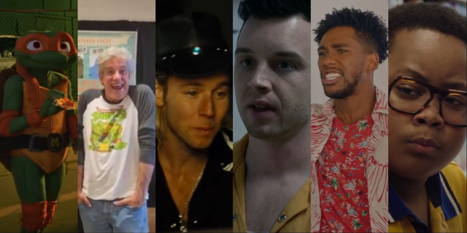 A five-image collage of Michelangelo from Mutant Mayhem, Townsend Coleman interviewed at an event, Greg Cipes in Tokyo Drift, Noel Fisher in Shameless, Brandon Mychal Smith in You're The Worst, and Shamon Brown Jr. in The Chi.