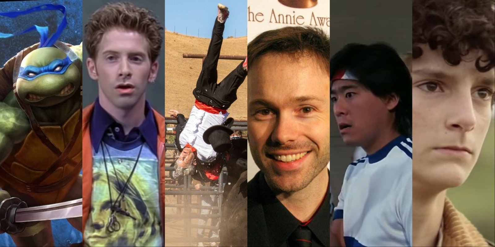 Split-image of Leonardo from TMNT, Seth Green from Austin Powers, Johnny Knoxville knocked off the ground by a bull in Jackass Forever, an IMDB phot of Michael Sinterniklass, Brain Tochi from Police Academy, and Nicolas Cantu from World Beyond.