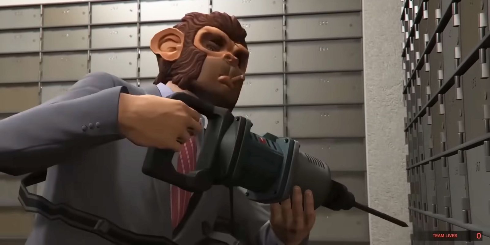 A man in a suit and a monkey mask drilling the bank vault