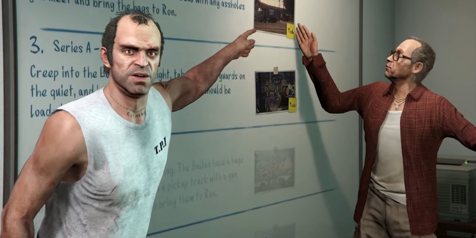 Trevor, a GTA online character pointing at a white board explaining the team the task to do
