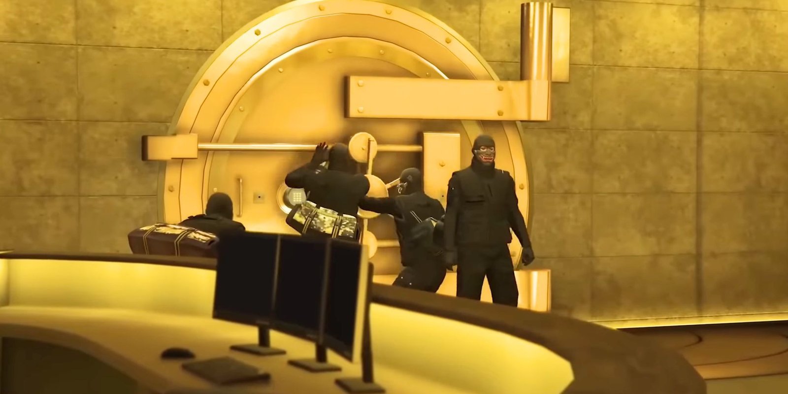 A group of four masked robbers trying to open a casino vault.
